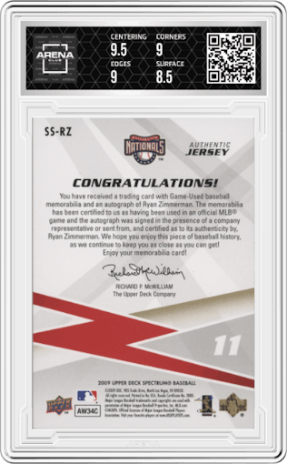 Ryan Zimmerman from the 2009 Upper Deck Spectrum set graded by Arena Club and given an overall grade of 9.