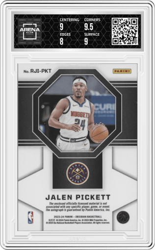Jalen Pickett from the 2023-24 Panini Obsidian set featuring a Electric Etch Red Flood parallel graded by Arena Club and given an overall grade of 8.5.
