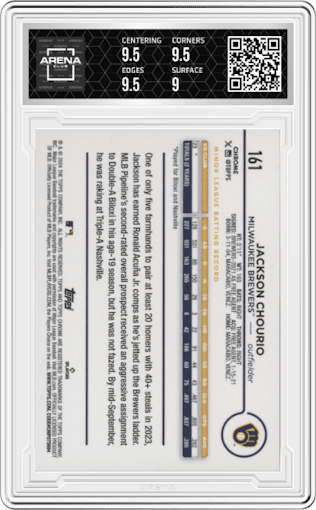 Jackson Chourio from the 2024 Topps Chrome set featuring a Green Refractor parallel graded by Arena Club and given an overall grade of 9.5.