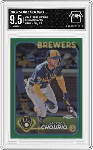 Jackson Chourio from the 2024 Topps Chrome set featuring a Green Refractor parallel graded by Arena Club and given an overall grade of 9.5.