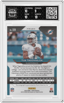 Tua Tagovailoa from the 2020 Panini Prizm set graded by Arena Club and given an overall grade of 9.5.