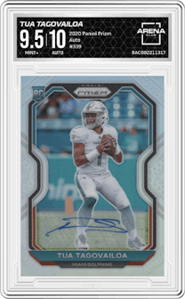 Tua Tagovailoa from the 2020 Panini Prizm set graded by Arena Club and given an overall grade of 9.5.