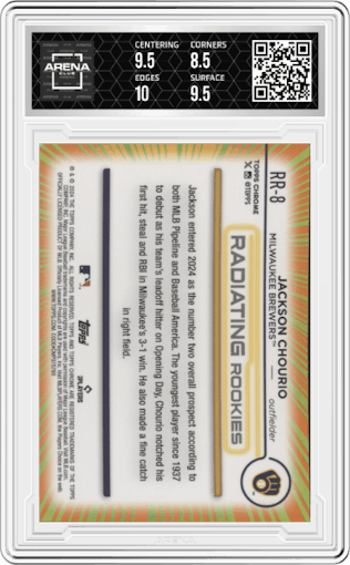 Jackson Chourio from the 2024 Topps Chrome set graded by Arena Club and given an overall grade of 9.