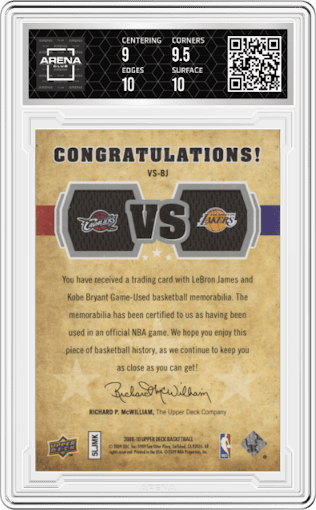 Kobe Bryant / LeBron James from the 2009-10 Upper Deck set graded by Arena Club and given an overall grade of 9.5.