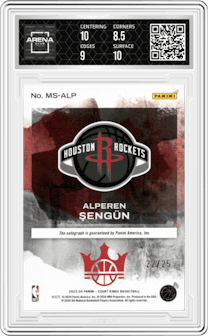 Alperen Sengun from the 2023-24 Panini Court Kings set featuring a Sapphire parallel graded by Arena Club and given an overall grade of 9.