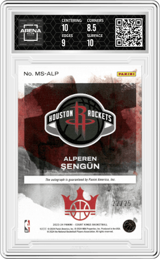 Alperen Sengun from the 2023-24 Panini Court Kings set featuring a Sapphire parallel graded by Arena Club and given an overall grade of 9.