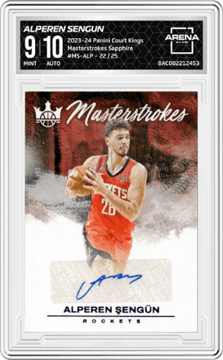 Alperen Sengun from the 2023-24 Panini Court Kings set featuring a Sapphire parallel graded by Arena Club and given an overall grade of 9.