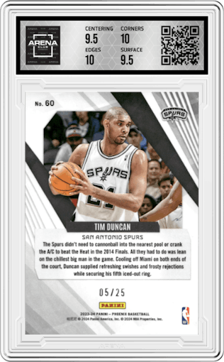 Tim Duncan from the 2023-24 Panini Phoenix set featuring a Pink Ice parallel graded by Arena Club and given an overall grade of 10.