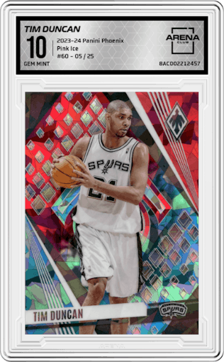 Tim Duncan from the 2023-24 Panini Phoenix set featuring a Pink Ice parallel graded by Arena Club and given an overall grade of 10.