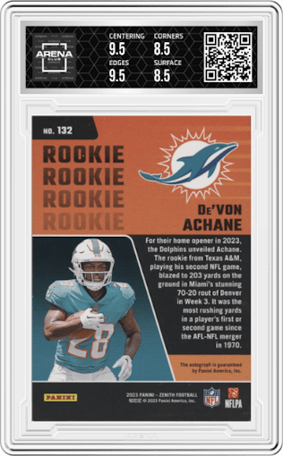 De'von Achane from the 2023 Panini Zenith set graded by Arena Club and given an overall grade of 9.