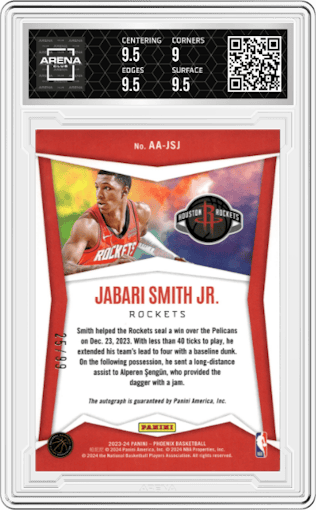 Jabari Smith Jr. from the 2023-24 Panini Phoenix set graded by Arena Club and given an overall grade of 9.5.