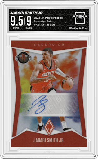 Jabari Smith Jr. from the 2023-24 Panini Phoenix set graded by Arena Club and given an overall grade of 9.5.