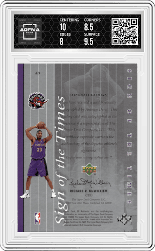 Antonio Davis from the 1999-00 SP Authentic set graded by Arena Club and given an overall grade of 8.5.