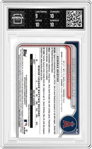 Greylin De La Paz from the 2024 Bowman Chrome set featuring a Reptilian Blue Refractor parallel graded by Arena Club and given an overall grade of 9.5.