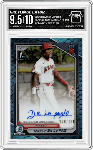 Greylin De La Paz from the 2024 Bowman Chrome set featuring a Reptilian Blue Refractor parallel graded by Arena Club and given an overall grade of 9.5.