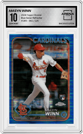 Masyn Winn from the 2024 Topps Chrome set featuring a Blue Sonar Refractor parallel graded by Arena Club and given an overall grade of 10.