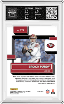 Brock Purdy from the 2022 Panini Donruss Optic set featuring a Holo parallel graded by Arena Club and given an overall grade of 9.