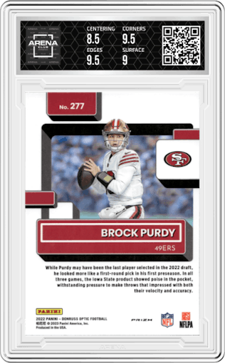 Brock Purdy from the 2022 Panini Donruss Optic set featuring a Holo parallel graded by Arena Club and given an overall grade of 9.