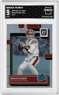 Brock Purdy from the 2022 Panini Donruss Optic set featuring a Holo parallel graded by Arena Club and given an overall grade of 9.