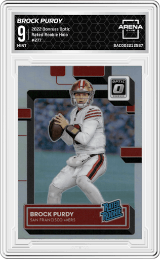 Brock Purdy from the 2022 Panini Donruss Optic set featuring a Holo parallel graded by Arena Club and given an overall grade of 9.