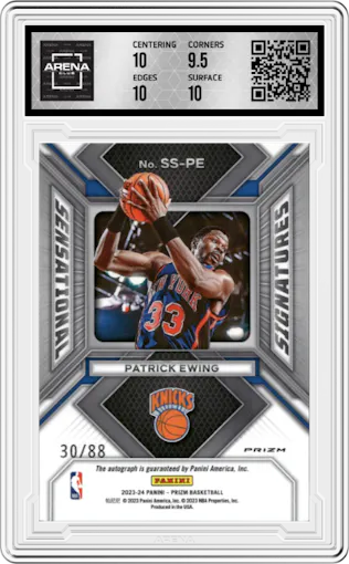 Patrick Ewing from the 2023-24 Panini Prizm set featuring a Choice Prizm parallel graded by Arena Club and given an overall grade of 10.