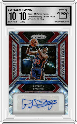 Patrick Ewing from the 2023-24 Panini Prizm set featuring a Choice Prizm parallel graded by Arena Club and given an overall grade of 10.