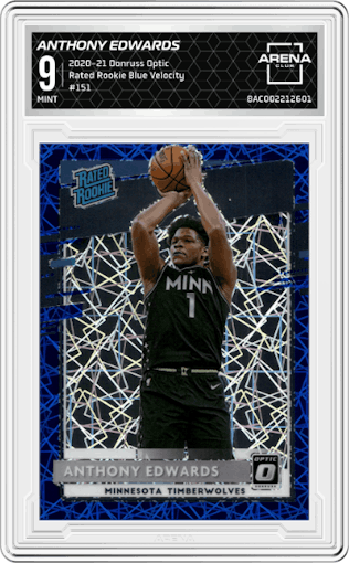 Anthony Edwards from the 2020-21 Panini Donruss Optic set featuring a Blue Velocity  parallel graded by Arena Club and given an overall grade of 9.