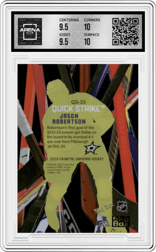 Jason Robertson from the 2023-24 SkyBox Metal Universe set graded by Arena Club and given an overall grade of 10.