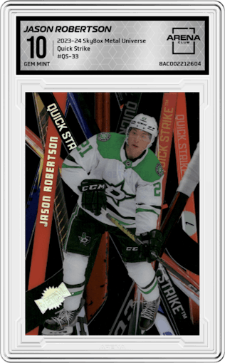 Jason Robertson from the 2023-24 SkyBox Metal Universe set graded by Arena Club and given an overall grade of 10.