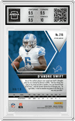 D'Andre Swift from the 2020 Panini Mosaic set featuring a Gold Mosaic parallel graded by Arena Club and given an overall grade of 10.
