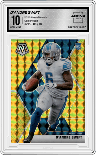 D'Andre Swift from the 2020 Panini Mosaic set featuring a Gold Mosaic parallel graded by Arena Club and given an overall grade of 10.