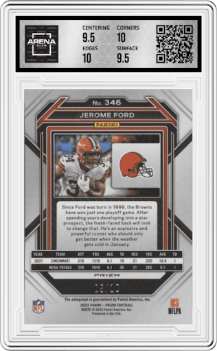 Jerome Ford from the 2022 Panini Prizm set featuring a Gold parallel graded by Arena Club and given an overall grade of 10.