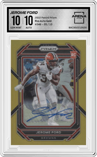 Jerome Ford from the 2022 Panini Prizm set featuring a Gold parallel graded by Arena Club and given an overall grade of 10.