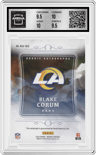 Blake Corum from the 2024 Panini Origins set graded by Arena Club and given an overall grade of 10.