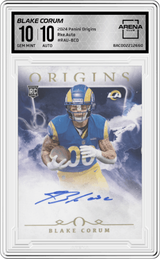 Blake Corum from the 2024 Panini Origins set graded by Arena Club and given an overall grade of 10.