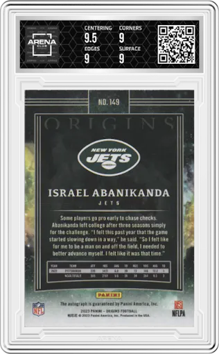 Israel Abanikanda from the 2023 Panini Origins set graded by Arena Club and given an overall grade of 9.