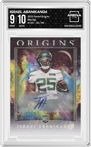 Israel Abanikanda from the 2023 Panini Origins set graded by Arena Club and given an overall grade of 9.