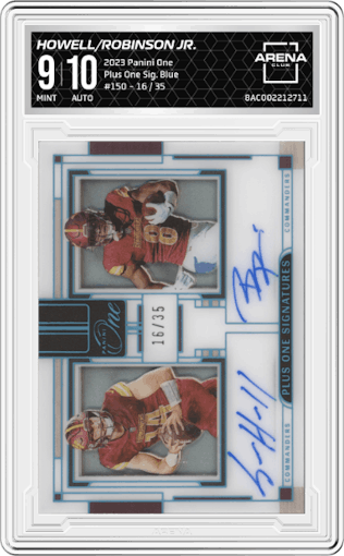 Sam Howell/ Brian Robinson Jr. from the 2023 Panini One set featuring a Blue parallel graded by Arena Club and given an overall grade of 9.