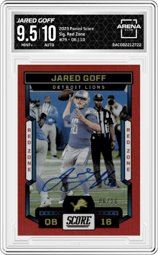 Jared Goff from the 2023 Panini Score set featuring a Red Zone parallel graded by Arena Club and given an overall grade of 9.5.
