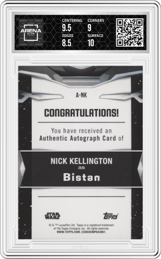Nick Kellington as Bistan from the 2021 Topps Star Wars Signature Series set featuring a Purple parallel graded by Arena Club and given an overall grade of 9.