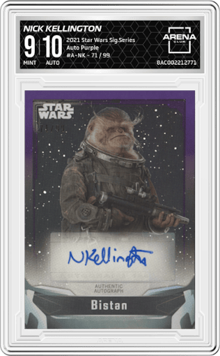 Nick Kellington as Bistan from the 2021 Topps Star Wars Signature Series set featuring a Purple parallel graded by Arena Club and given an overall grade of 9.