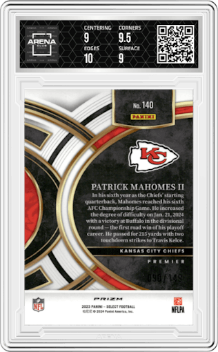 Patrick Mahomes II from the 2023 Panini Select set featuring a Blue Prizm parallel graded by Arena Club and given an overall grade of 9.5.
