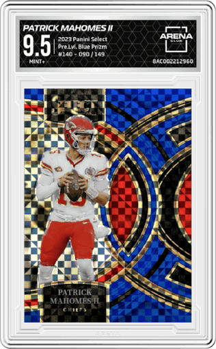 Patrick Mahomes II from the 2023 Panini Select set featuring a Blue Prizm parallel graded by Arena Club and given an overall grade of 9.5.