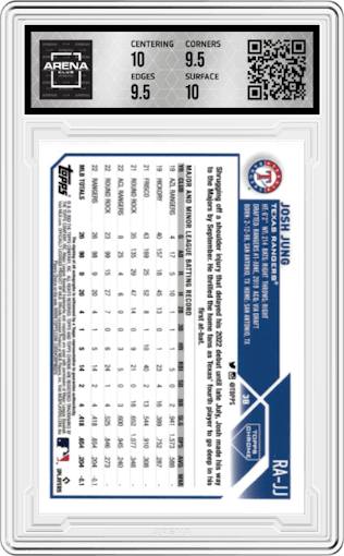 Josh Jung from the 2023 Topps Chrome set featuring a Purple Refractor parallel graded by Arena Club and given an overall grade of 10.