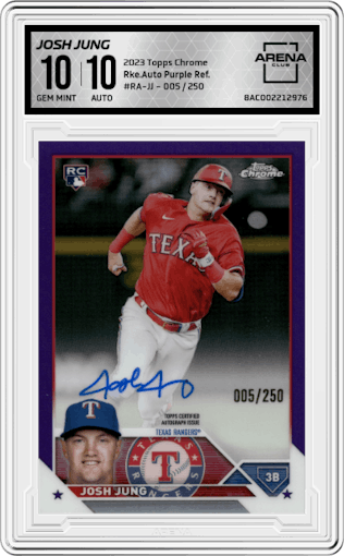 Josh Jung from the 2023 Topps Chrome set featuring a Purple Refractor parallel graded by Arena Club and given an overall grade of 10.
