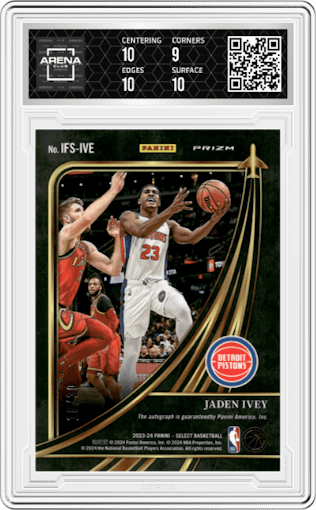 Jaden Ivey from the 2023-24 Panini Select  set featuring a Orange Pulsar Prizms FOTL parallel graded by Arena Club and given an overall grade of 9.5.