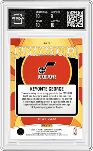Keyonte George from the 2023-24 Panini Contenders set featuring a Playoff Ticket parallel graded by Arena Club and given an overall grade of 9.5.