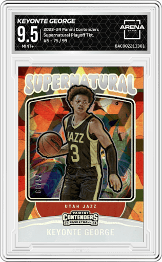 Keyonte George from the 2023-24 Panini Contenders set featuring a Playoff Ticket parallel graded by Arena Club and given an overall grade of 9.5.