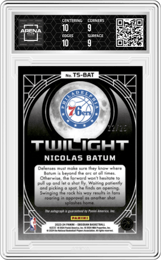 Nicolas Batum from the 2023-24 Panini Obsidian set featuring a Electric Etch Green parallel graded by Arena Club and given an overall grade of 9.5.