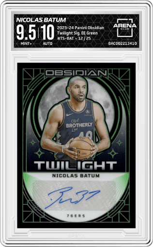 Nicolas Batum from the 2023-24 Panini Obsidian set featuring a Electric Etch Green parallel graded by Arena Club and given an overall grade of 9.5.
